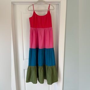 Boden Colorblock Tiered Maxi Dress - Fuchsia Pink, Pink, Teal, Olive